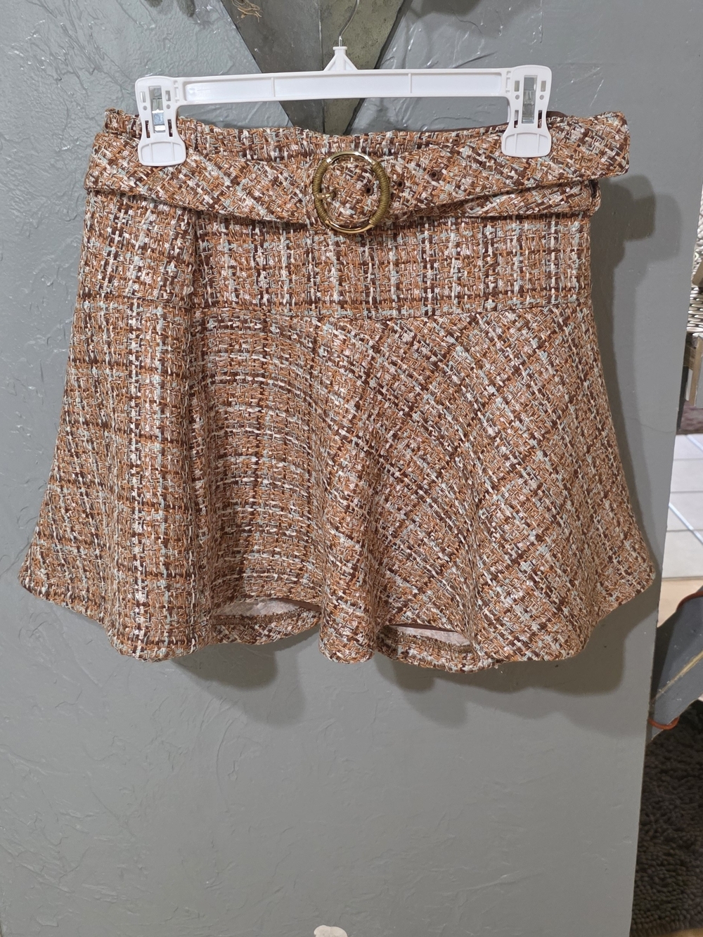 Express Tweed Circle Skirt with Gold Buckle - Brown & Cream